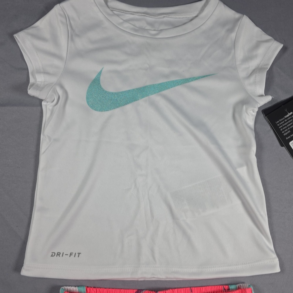 Nike Dri-Fit Little Girl's 2-Piece Graphic Tee & Short Set 3T Sunset Pulse - Picture 5 of 12